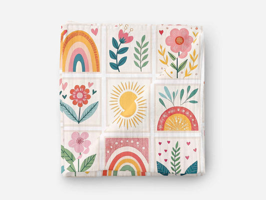 Gökkuşağı ve Çiçek Patchwork Desenli Kumaş
