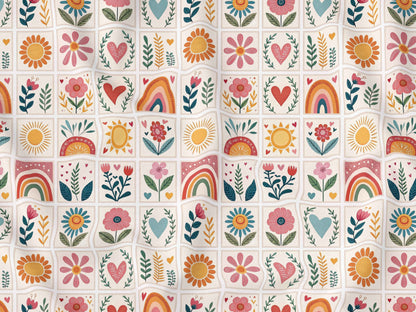 Gökkuşağı ve Çiçek Patchwork Desenli Kumaş