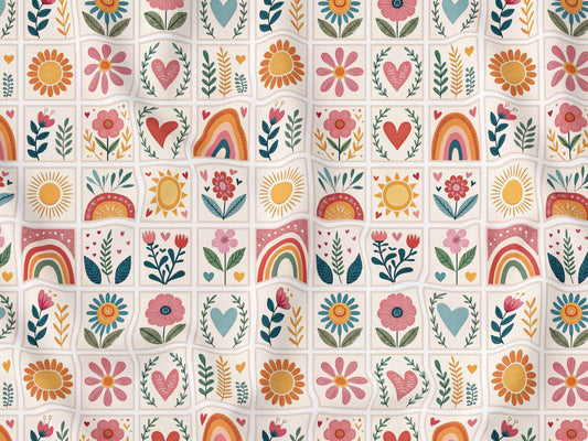 Gökkuşağı ve Çiçek Patchwork Desenli Kumaş