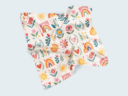 Gökkuşağı ve Çiçek Patchwork Desenli Kumaş