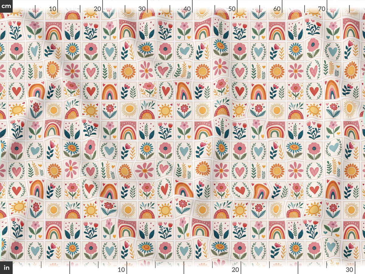 Gökkuşağı ve Çiçek Patchwork Desenli Kumaş